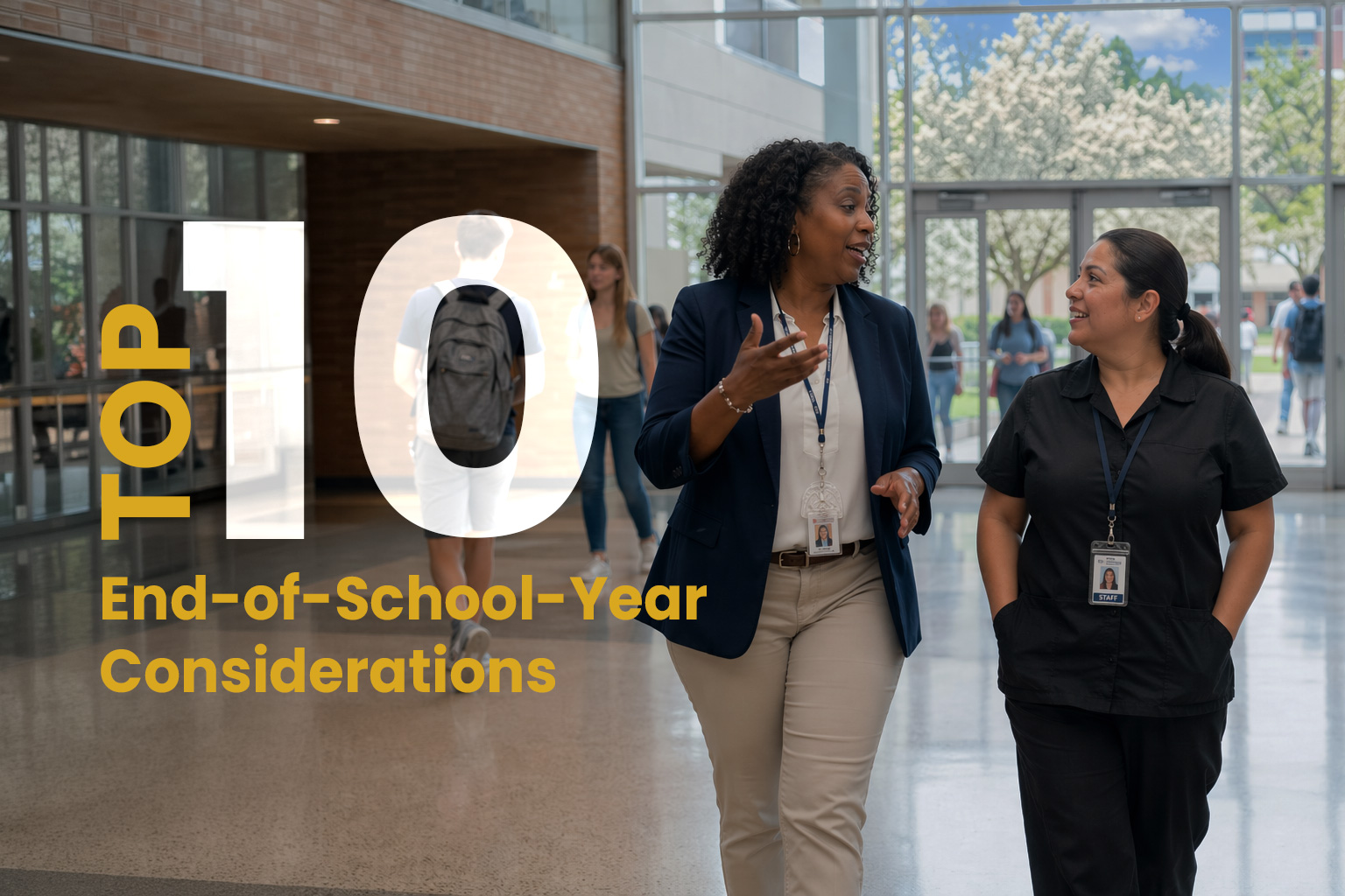 School Payroll Manager walks with cafeteria worker through school hallway