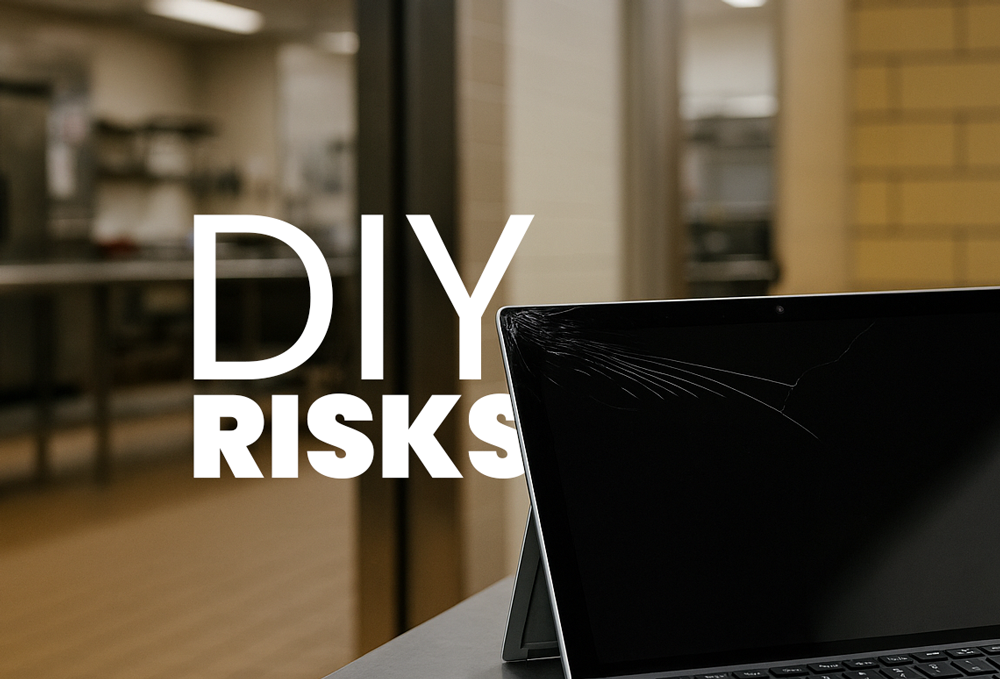Cracked tablet in front of school cafeteria kitchen with text: DIY Risks
