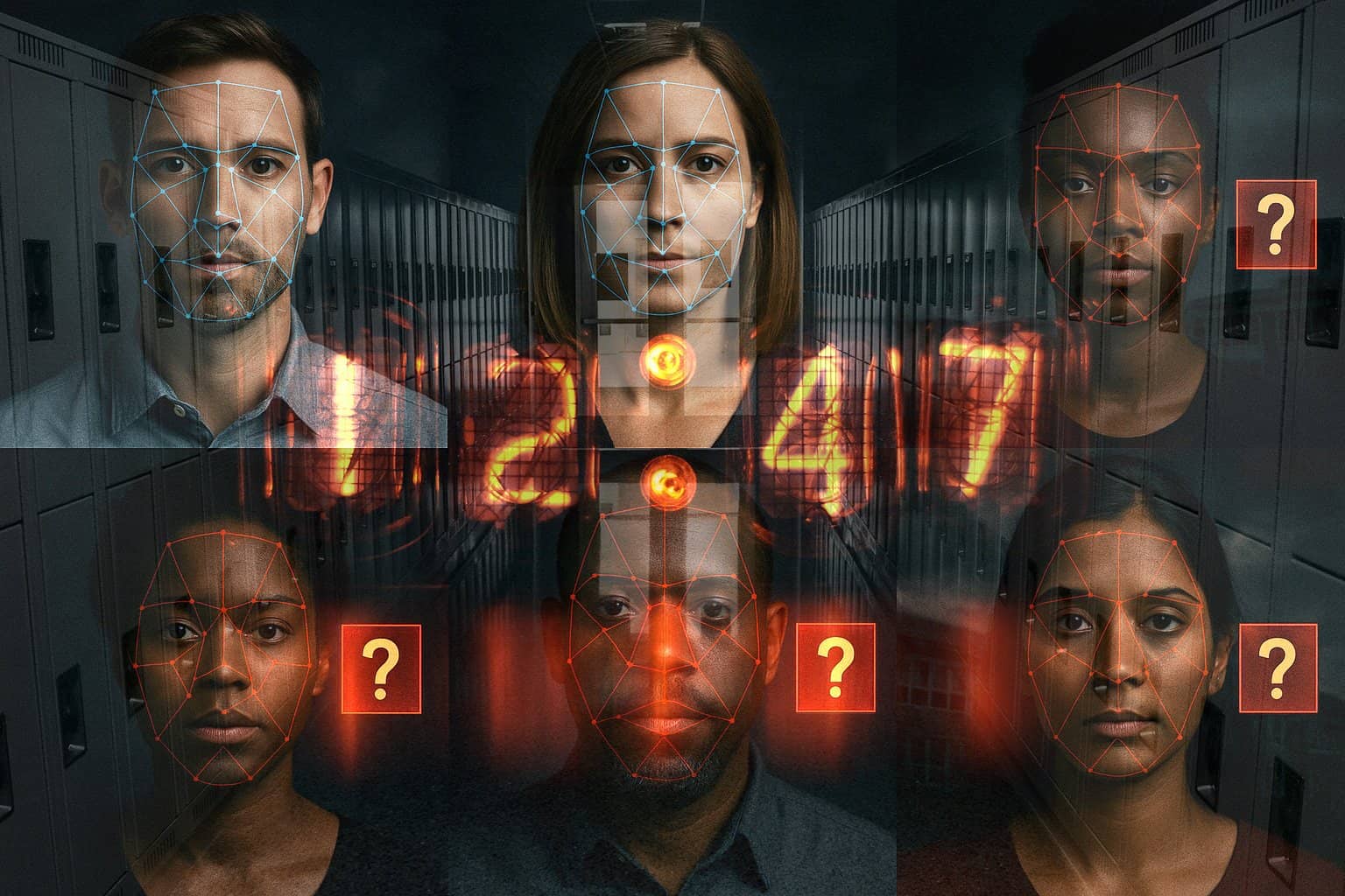 image of six people with facial recognition scanner lines overlaid on top of their faces